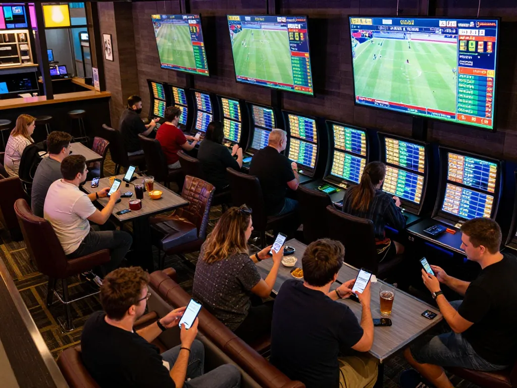 Exciting sports betting scene featuring 7m odds displayed on live screens and engaged bettors strategizing