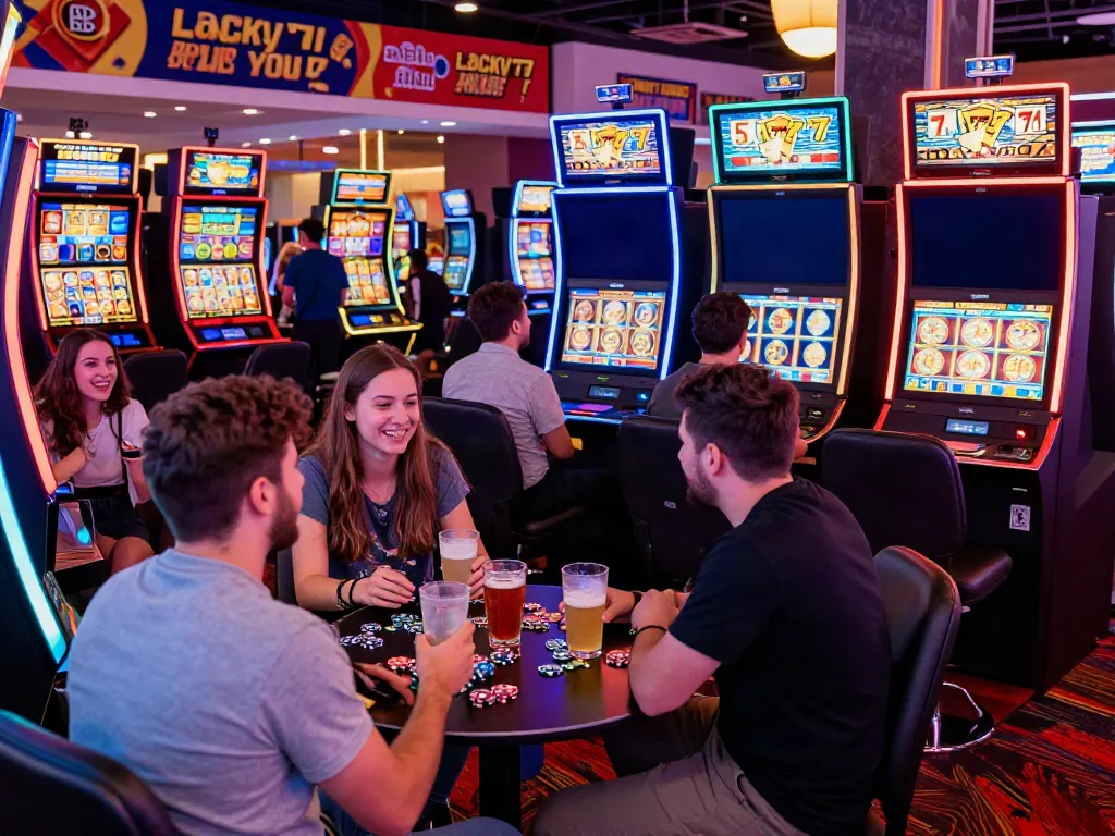 Exciting casino gaming moment with friends at Lucky777 slot machines, vibrant atmosphere and colorful lights.