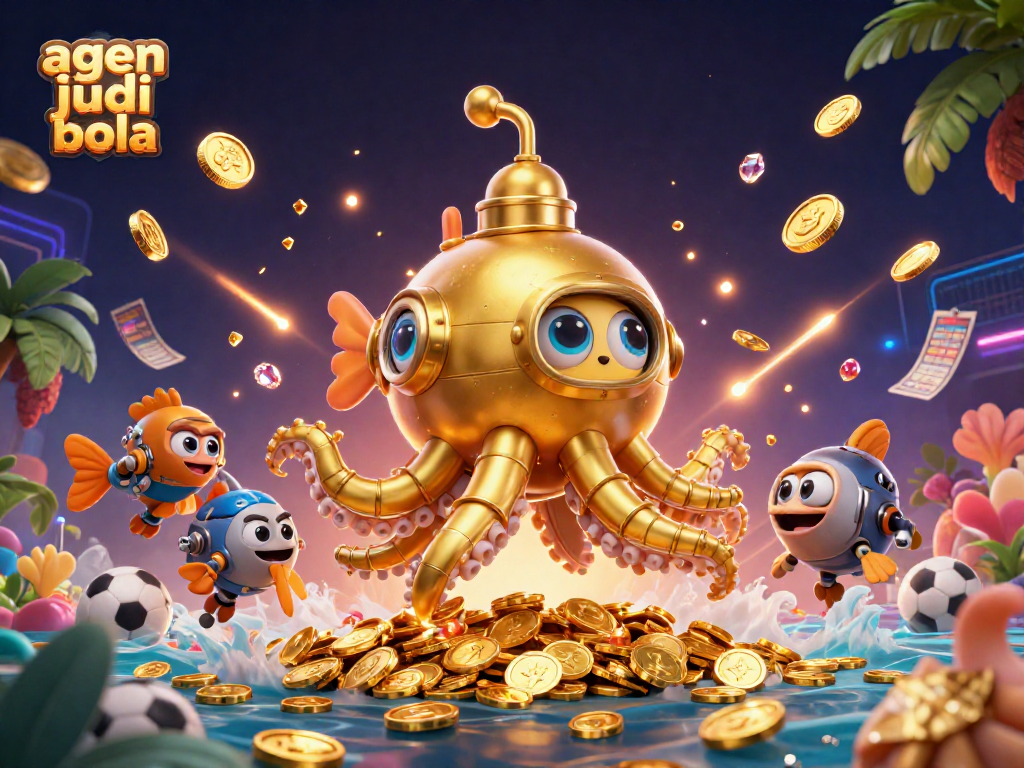 Agen judi bola offers thrilling sports betting action with vibrant illustrations of a kraken submarine and dynamic game elements.