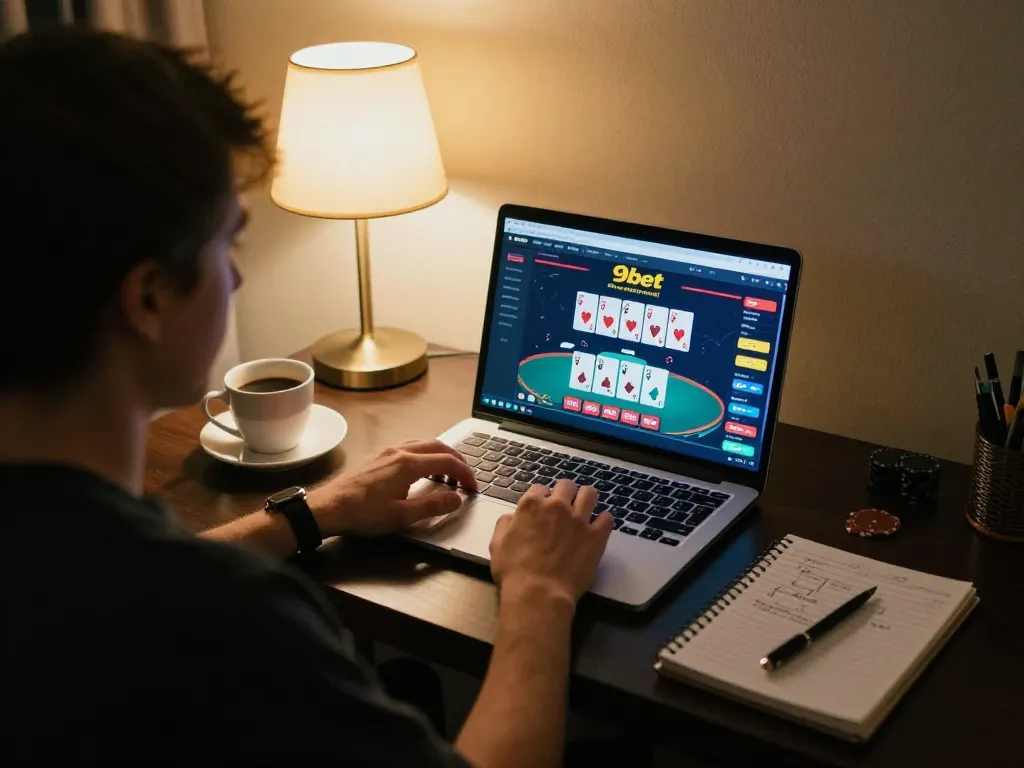 Engaging gameplay on 9bet casino interface displayed on laptop, illustrating online poker session.