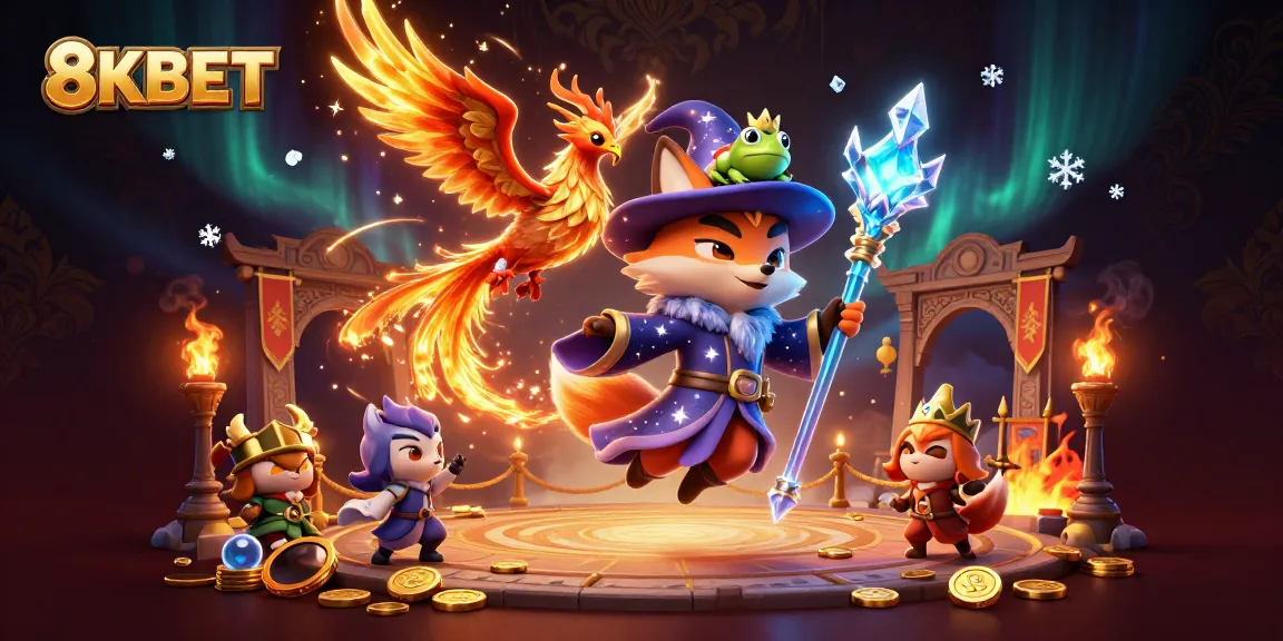 8KBET's wizard fox unleashes winning magic in a vibrant casino scene with golden sparklers.