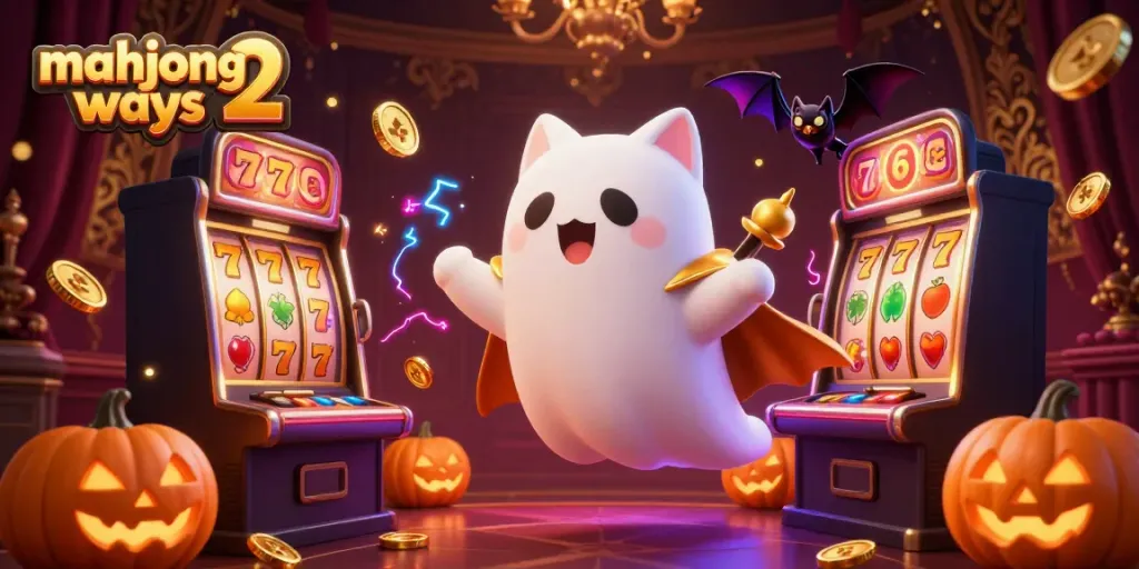Engage in mahjong ways 2 excitement with a playful ghost cat, animated characters, and glowing jack-o-lanterns in this thrilling casino scene.