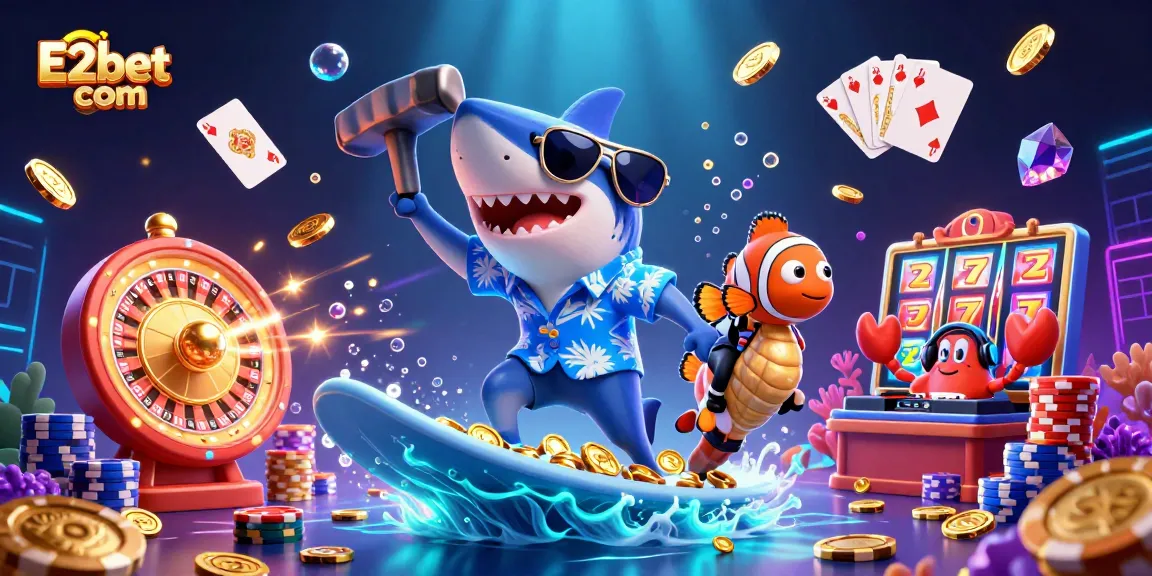 Experience exciting gameplay with E2bet com featuring a shark and treasures in a casino scene.