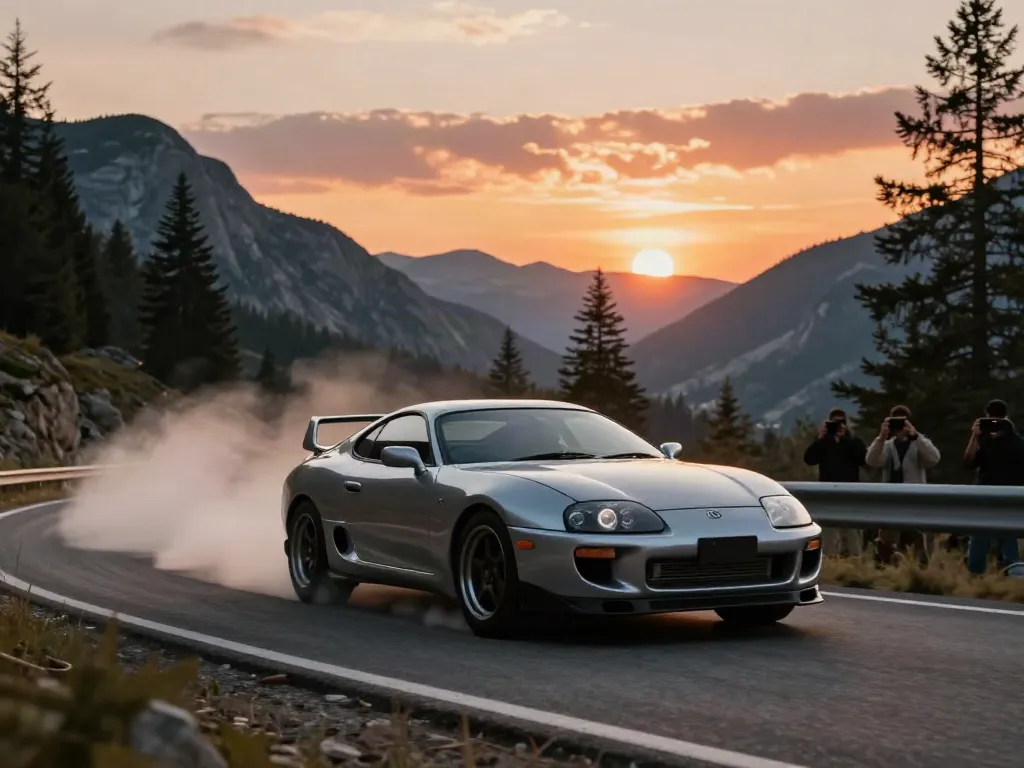 The A80 platform Toyota Supra drifting along a mountain road at sunset, showcasing its performance and design.