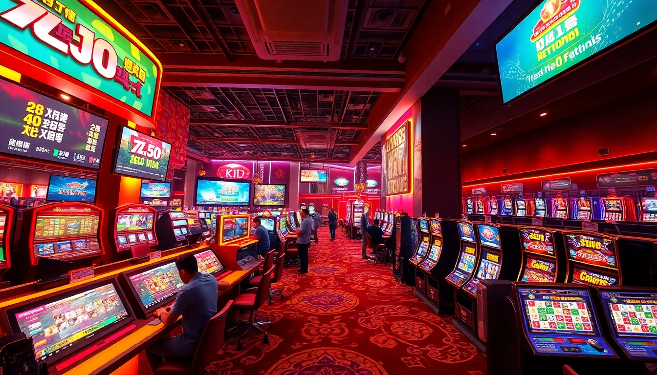 KJC vibrant online gaming scene showcasing live casinos, slot machines, and sports betting.