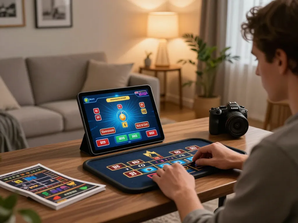 Player enjoying RR88 mobile casino gaming in a cozy living room, showcasing strategy notes and tablet interface