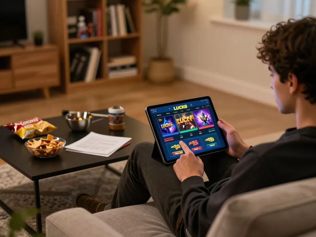 Player enjoying luck8 casino app on tablet in a cozy home setting