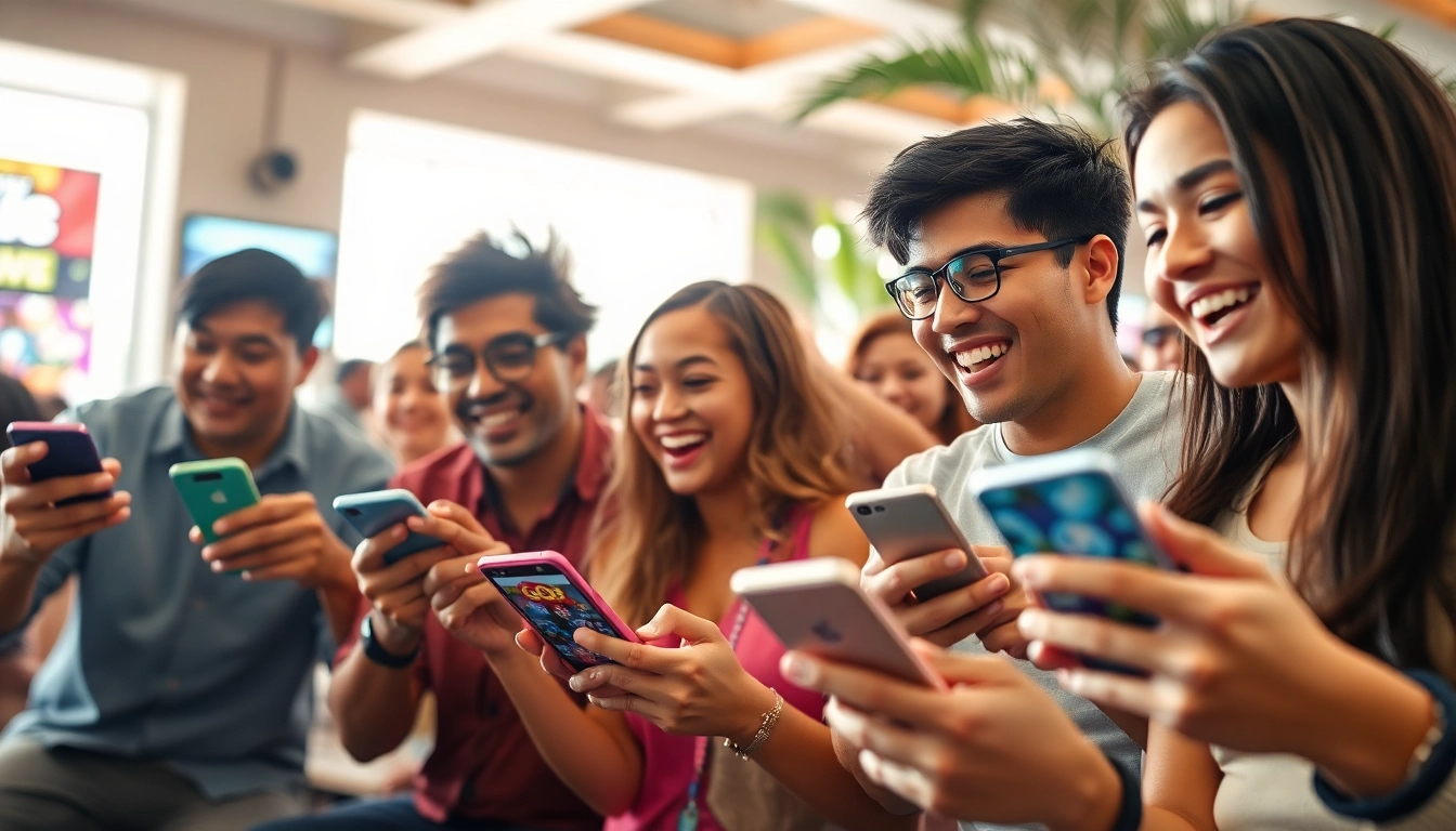 GO88 players enjoying games on mobile devices in a vibrant atmosphere