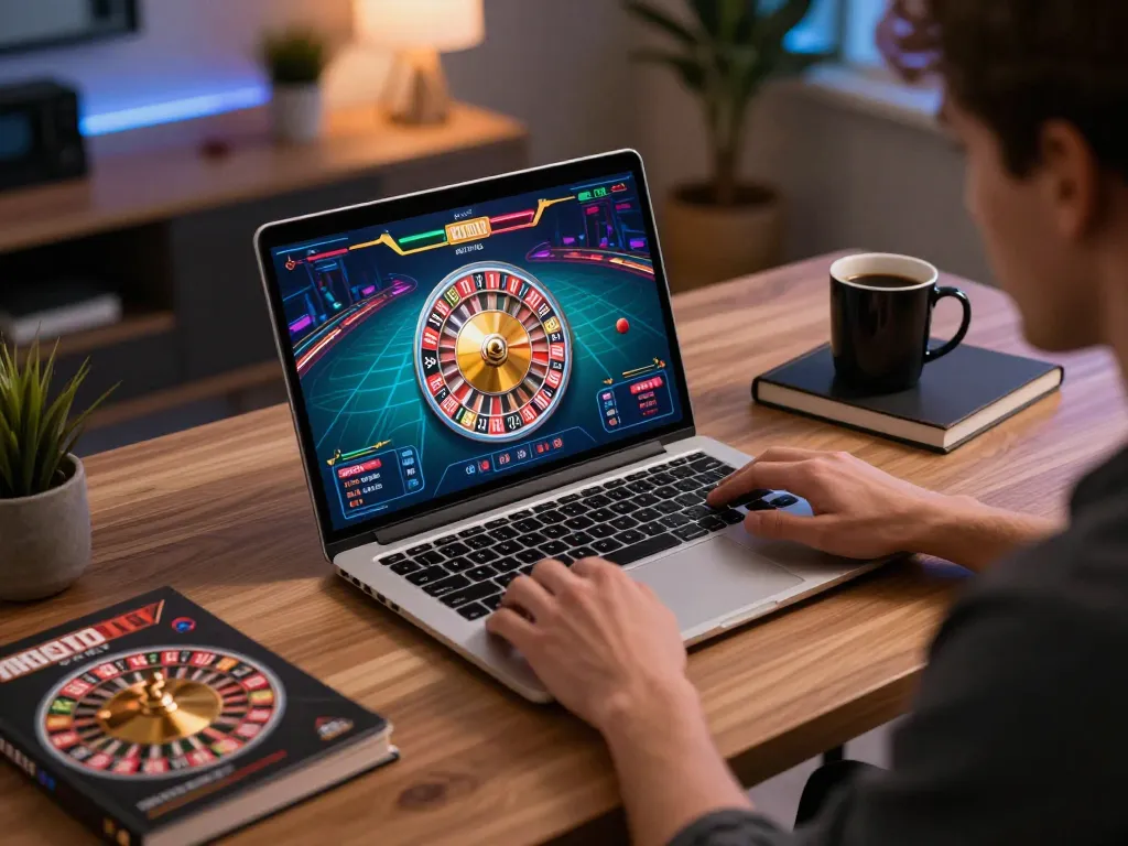 Luck8 player enjoying live roulette on laptop in a cozy home office, showcasing an immersive gaming experience