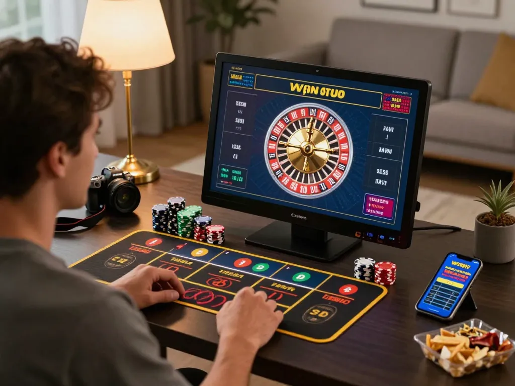 Win678 player placing bets on an exciting online roulette game, engaging home office environment.