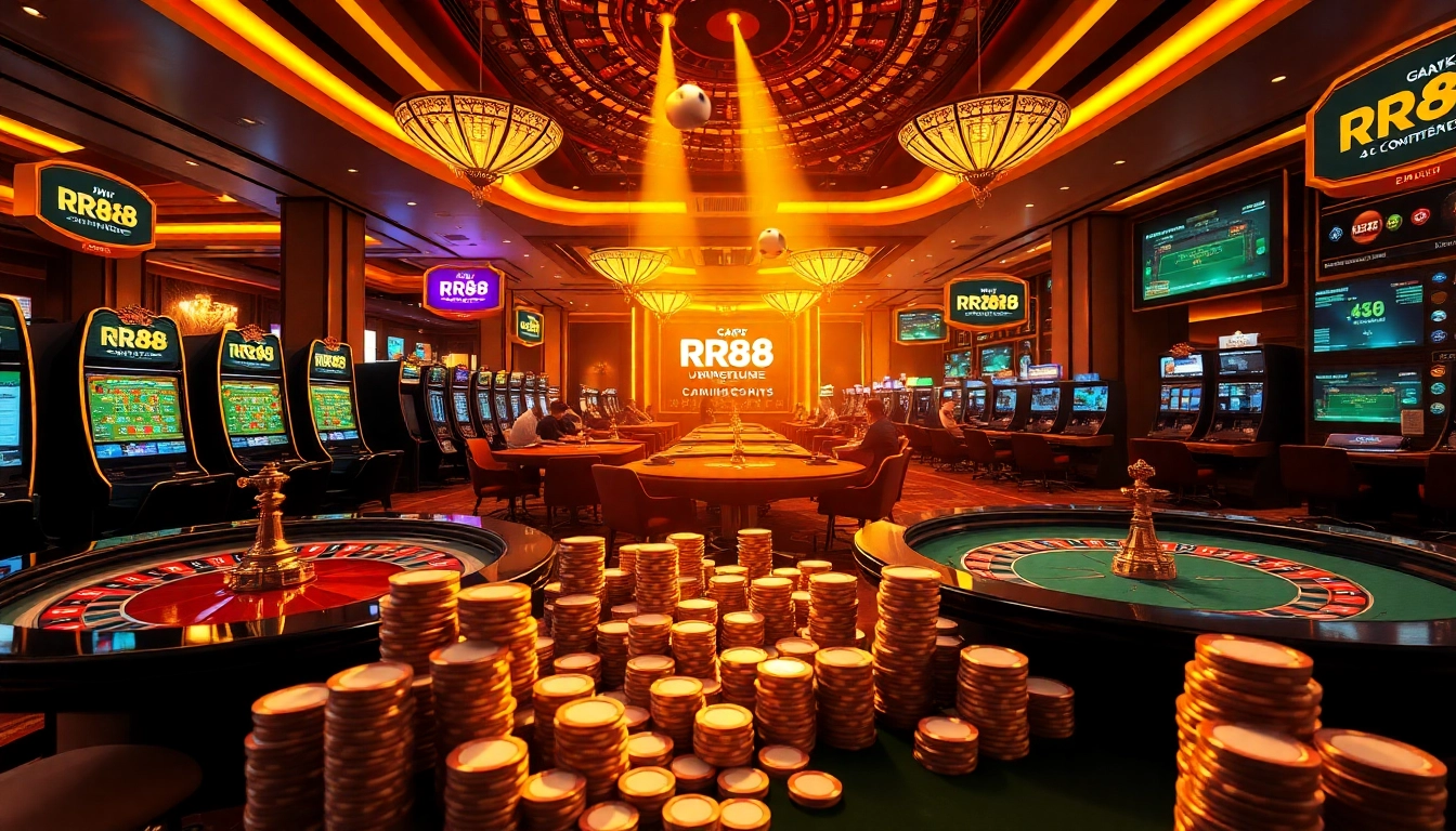Exciting gameplay at RR88 casino with vibrant poker chips and roulette wheels.