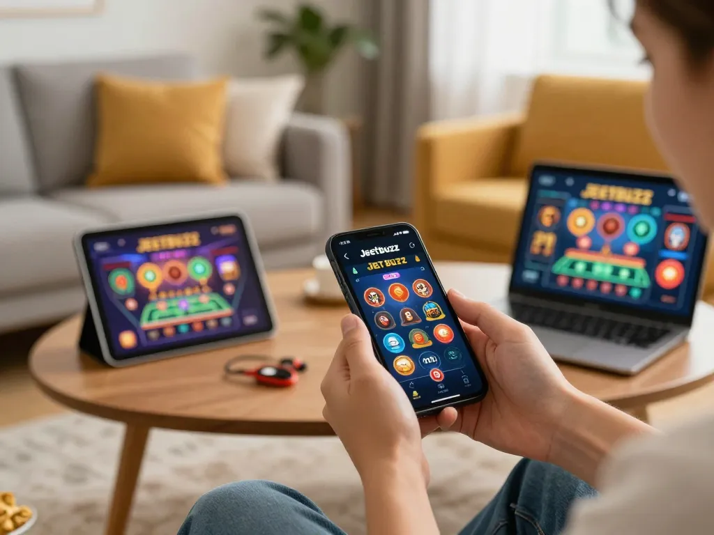 Person using the Jeetbuzz App on a smartphone while enjoying a home gaming session.
