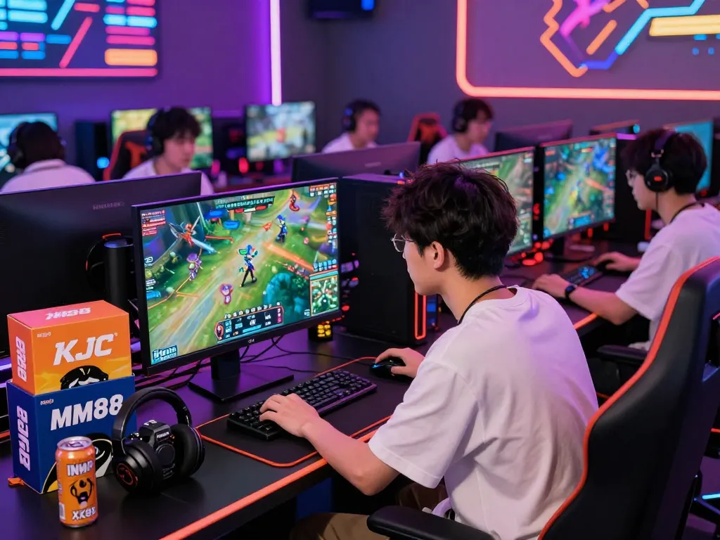 KJC.onl vibrant gaming scene with esports competition featuring multiple monitors and branded merchandise