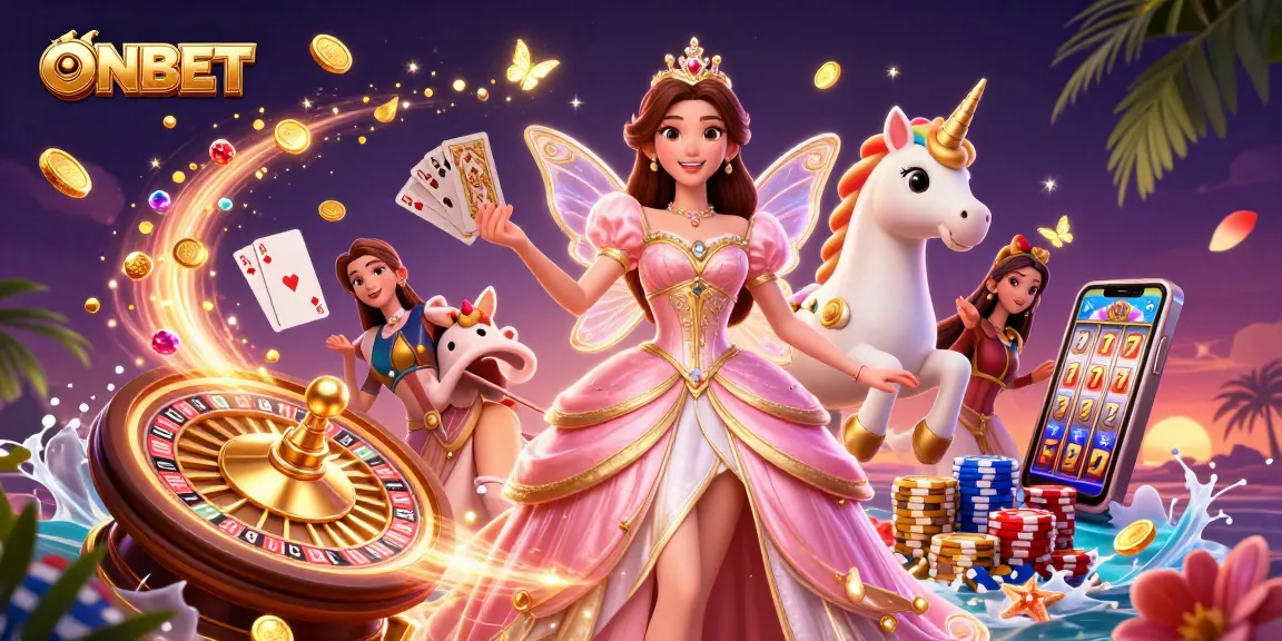 Join the magic of ONBET with vibrant casino elements, captivating characters, and rich gaming action.