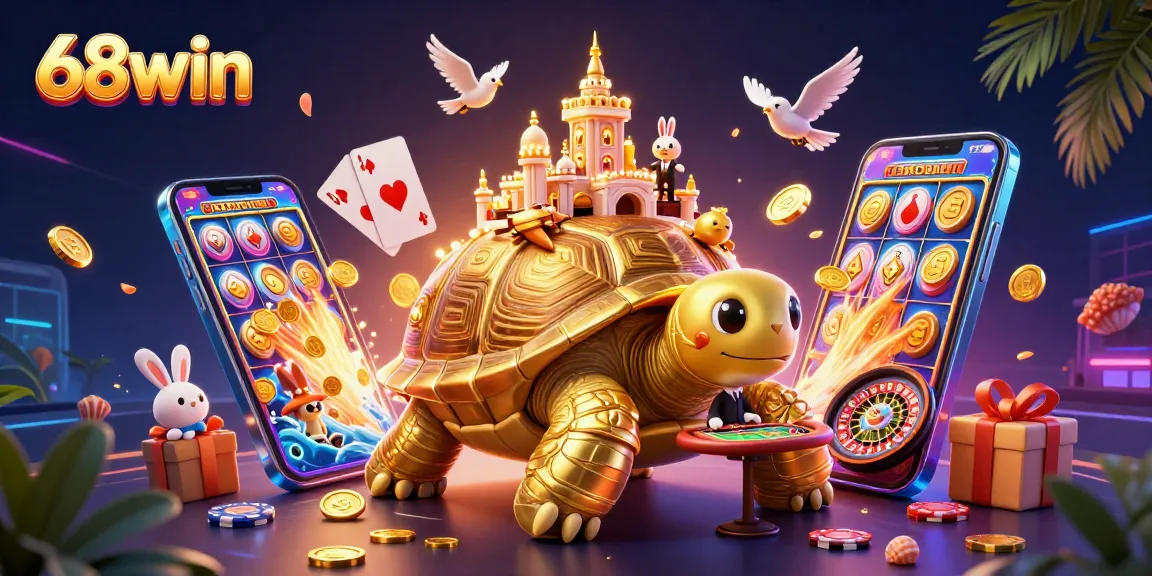 Engage with 68win's vibrant online gaming atmosphere featuring a golden tortoise casino and rewards.