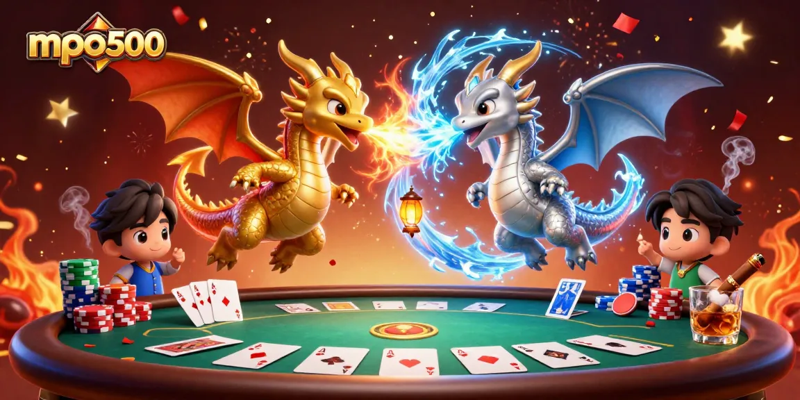 Bet on mpo500 while witnessing twin dragons in an epic casino scene filled with poker elements.
