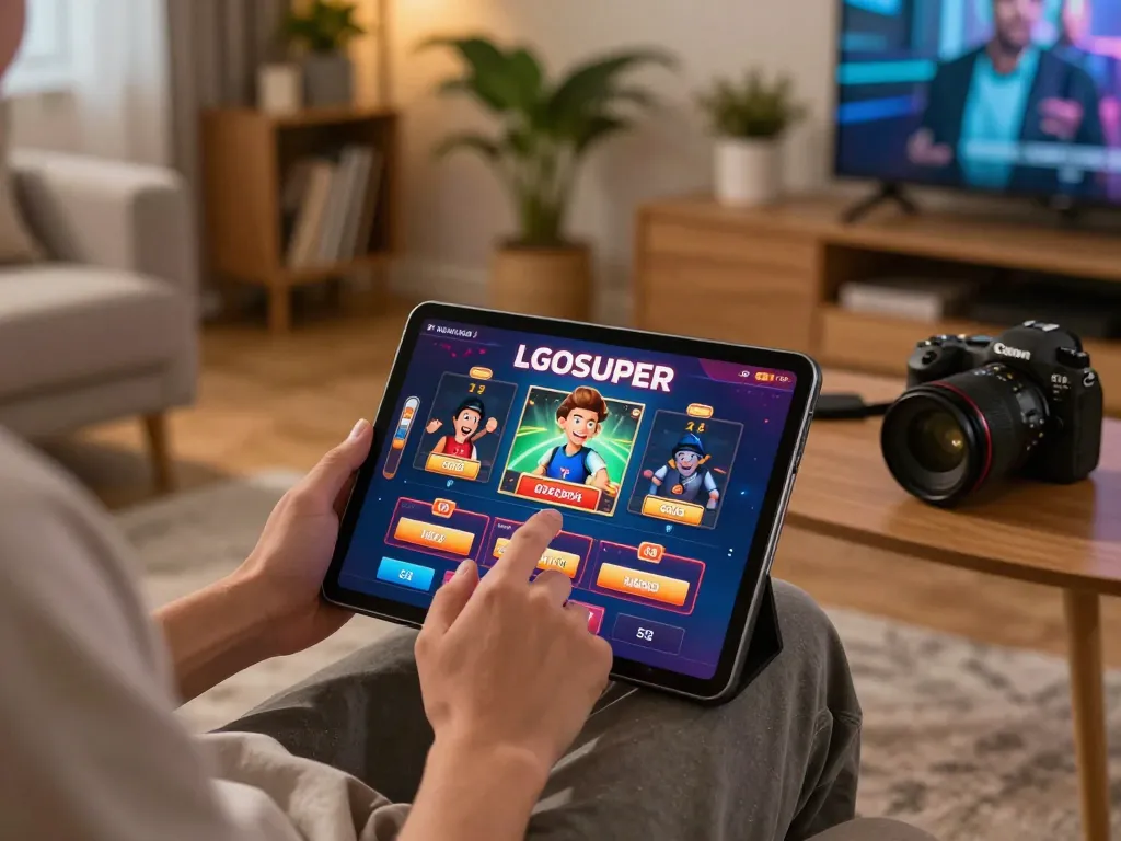 Engaged player exploring LGOSUPER online games on a tablet in a cozy living room.