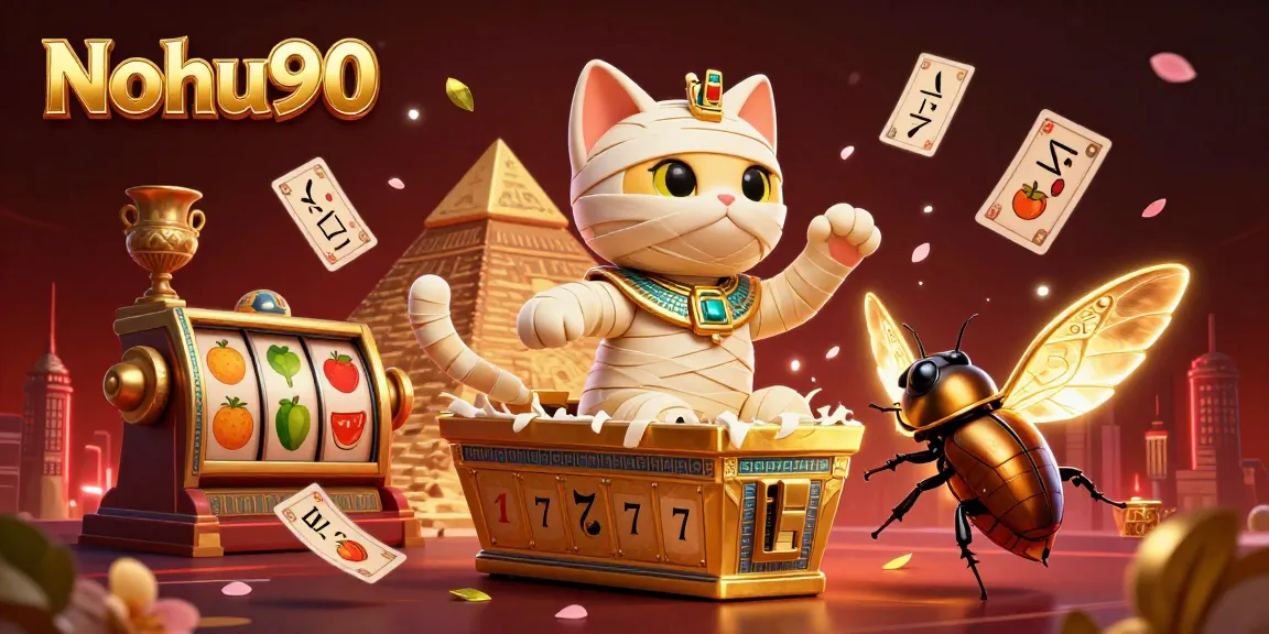 Nohu90 features a vibrant 3D scene with a mummy cat and slot elements, showcasing exciting gameplay.