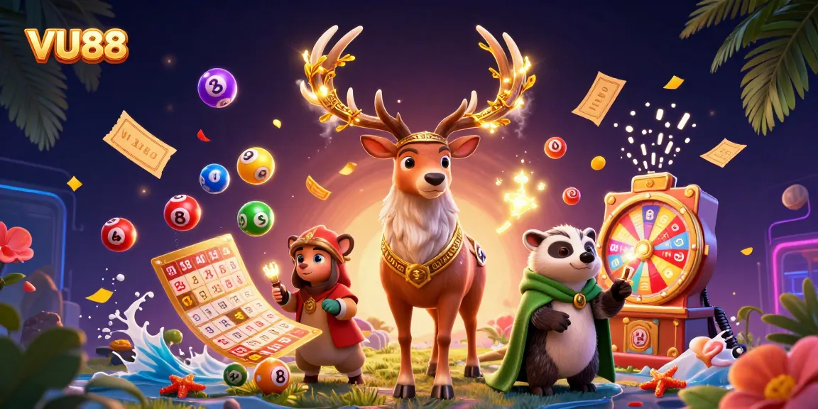 Engage in vibrant gambling excitement with VU88's dynamic lottery scene featuring a Celtic druid and playful game elements.
