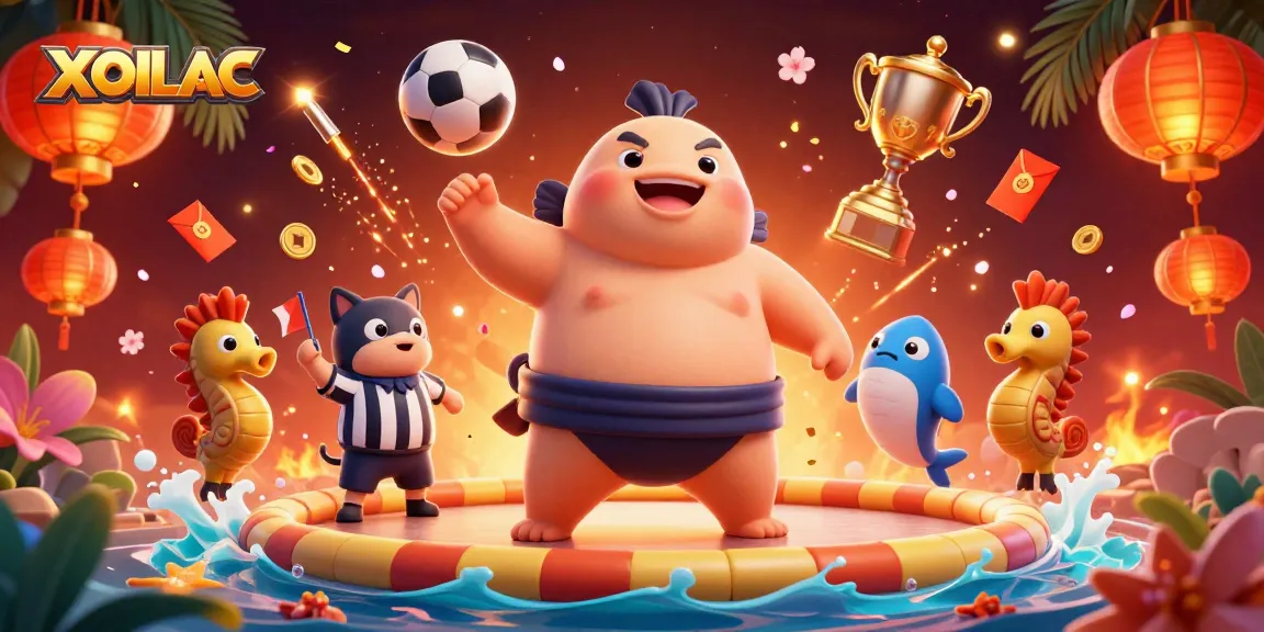 Experience the excitement of XOILAC sports betting with dynamic characters and celebration elements.
