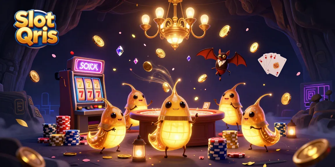 Engage with Slot Qris as glowworms illuminate a vibrant casino scene, showcasing slot machine action.