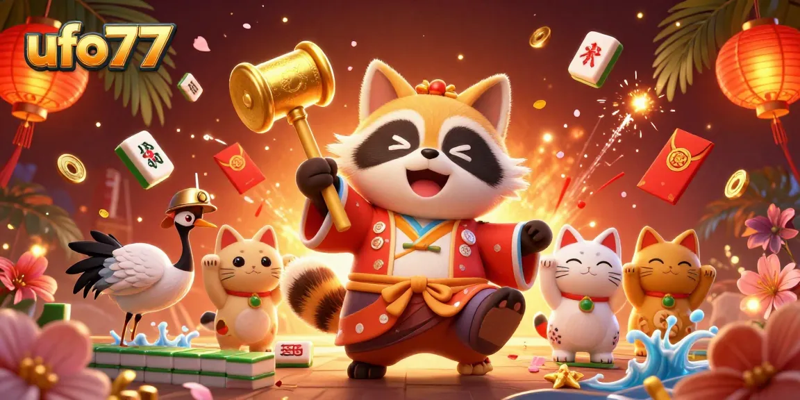 Engage with ufo777 excitement as the cheerful tanuki celebrates winning in a vibrant casino scene.