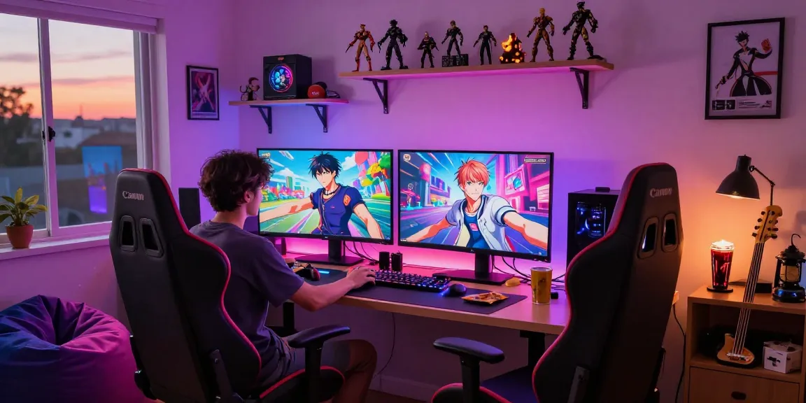 Engaged gamer playing a gay ecchi game in a vibrant gaming room with LED lights.