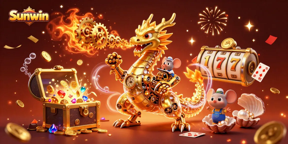 Win big with Sunwin as a cartoon dragon breathes golden gears, enriching your gaming experience.