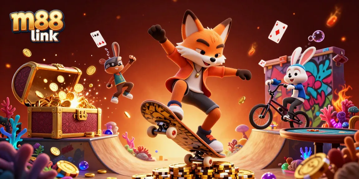 Engage with the thrilling m88 link scene featuring a skateboarder fox and a BMX rabbit in a dynamic casino setting.
