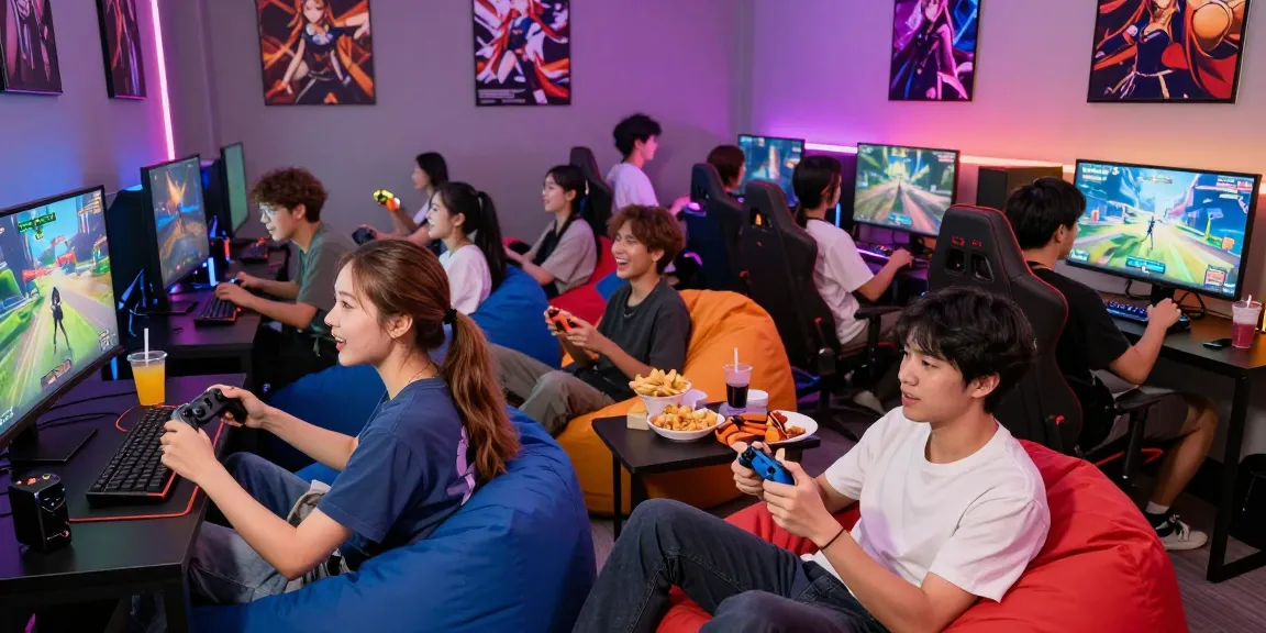 Engaged players enjoying a hentai game in a vibrant gaming lounge atmosphere.