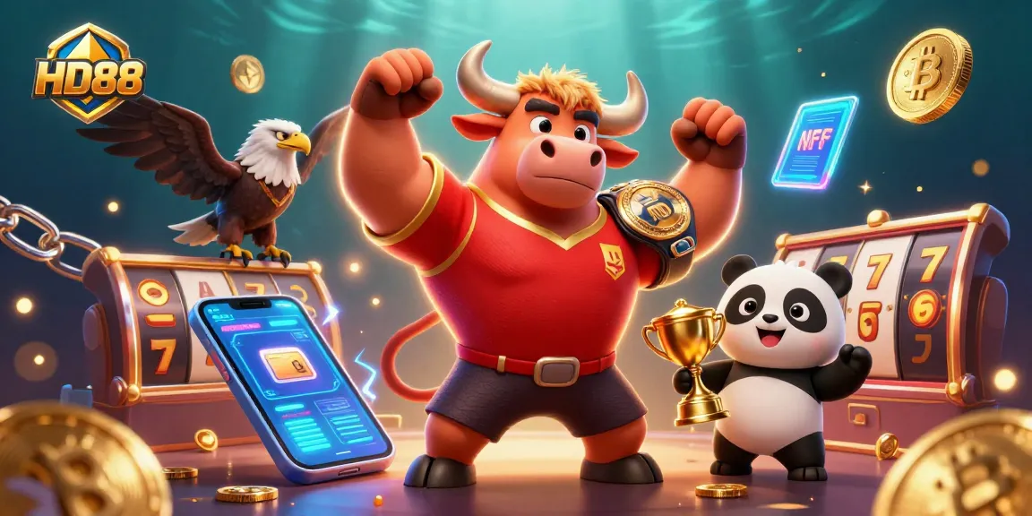 Engage with HD88 casino excitement through this dynamic 3D illustration featuring playful mascots and vibrant gaming elements.