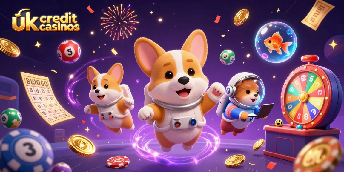 Engage with uk credit card casinos in a vibrant 3D space-themed casino illustration featuring animated characters and game elements.