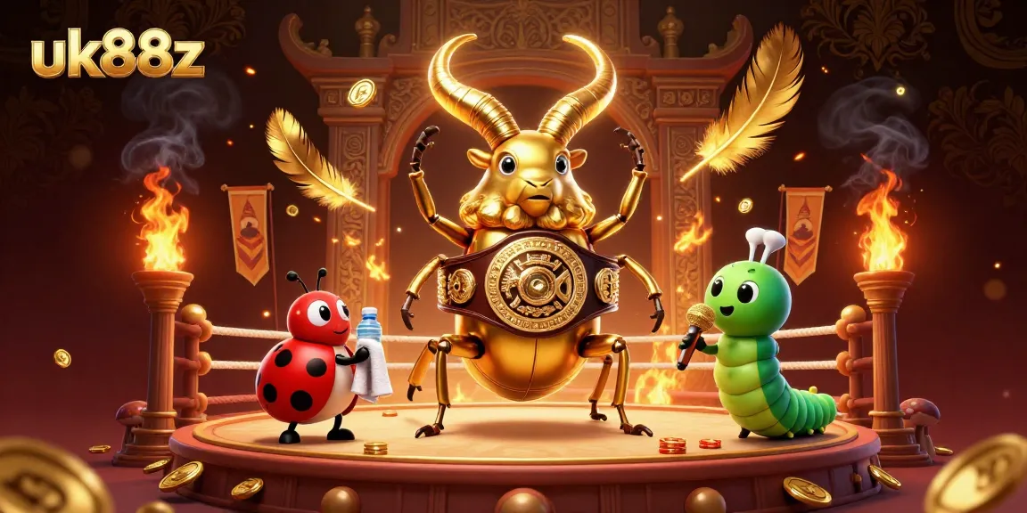 uk88z showcases an ultra-detailed 3D illustration of a giant stag beetle in a boxing ring celebrating gambling victories.