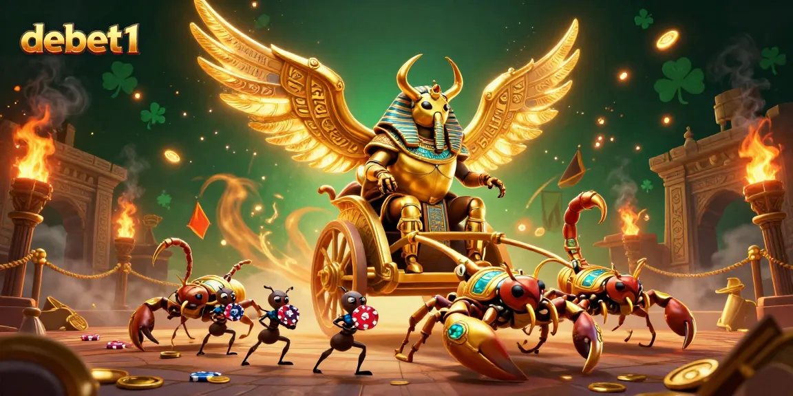 Engage in thrilling action with debet1's golden scarab beetle and scorpion chariot, surrounded by flames and coins.