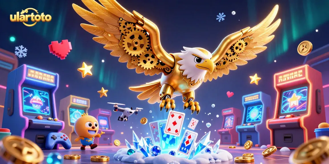 Experience excitement with ulartoto, featuring a cybernetic eagle among dazzling arcade game elements.