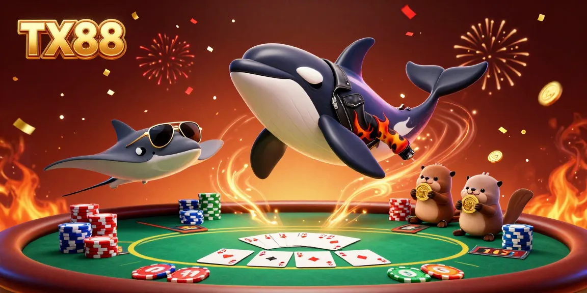 Experience the thrill of TX88 with a dynamic 3D scene featuring colorful casino elements and vibrant characters.