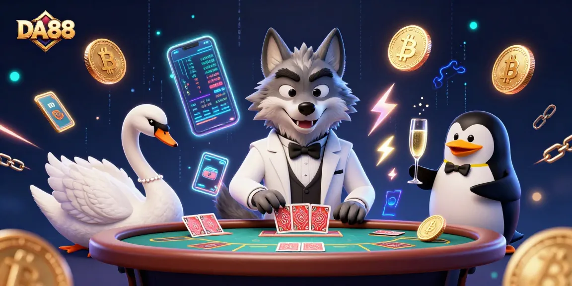Experience thrilling casino action at DA88 with our cartoon characters dealing cards and presenting champagne.