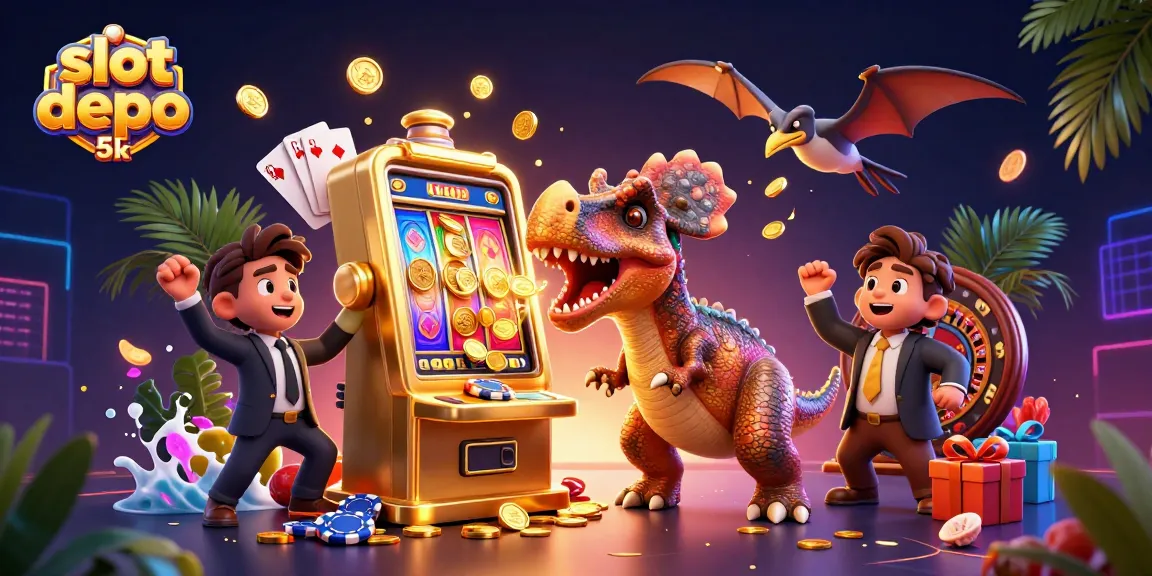 Experience slot depo 5k excitement as a pachycephalosaurus triggers jackpot coins in a vibrant casino scene.