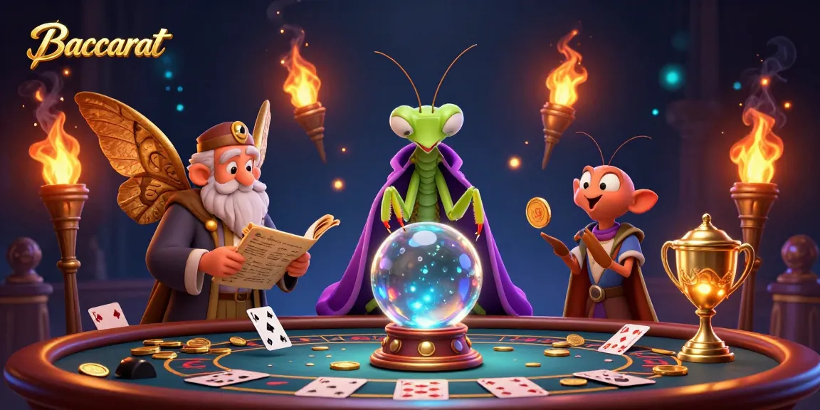 Baccarat fortune teller with cards and gold coins offers winning strategies in a vibrant casino scene.