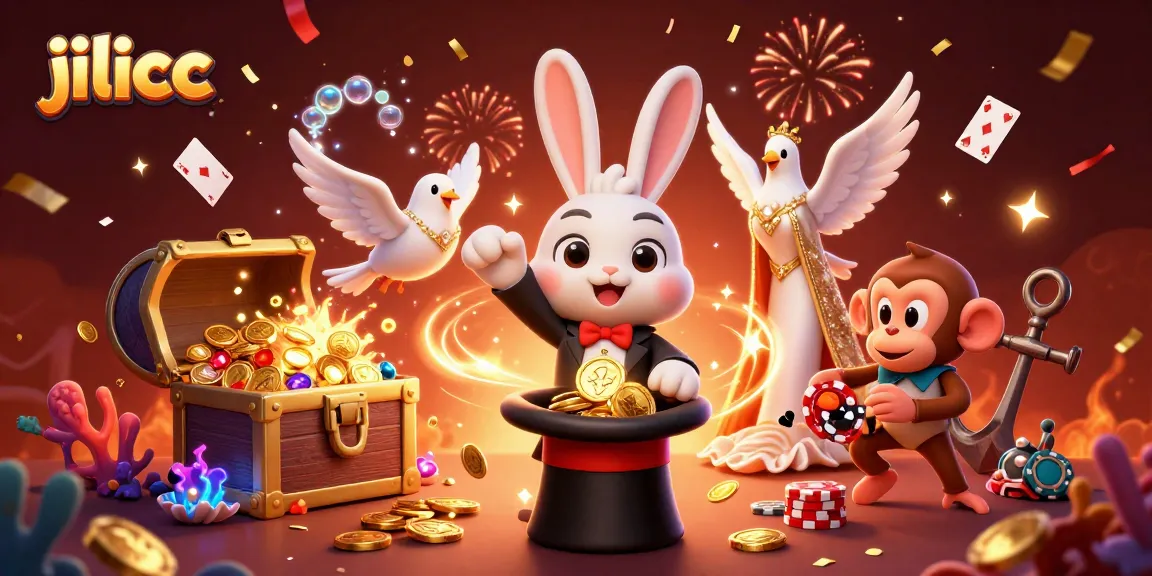 Experience exciting wins at jilicc while a magician rabbit conjures coins and a monkey steals poker chips.