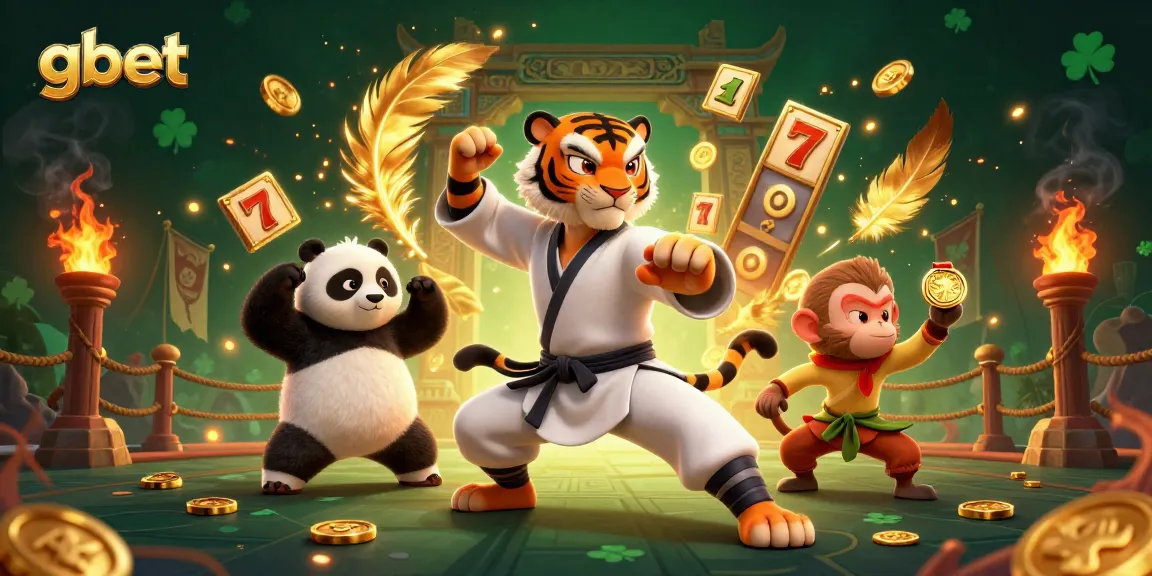 Join the action at gbet with a 3D kung fu tiger master and characters surrounded by slot reels and golden tokens.