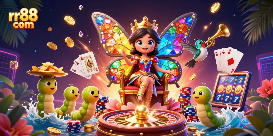 Play and win at rr88 com, featuring a butterfly queen in a vibrant casino scene.